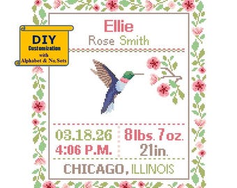 Humming Bird Cross Stitch Birth Announcement cross Stitch Birth Record Floral Baby Girl floral Bird Nursery pink birth sampler