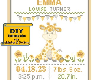 Baby Giraffe Cross Stitch Birth Announcement Cross Stitch Birth Record Cross Stitch Baby Girl Boy Giraffe nursery woodland birth sampler