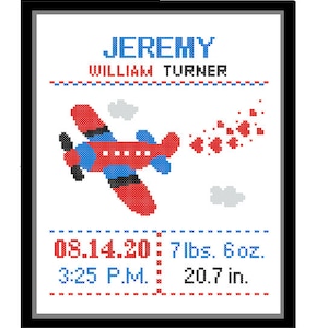 1 Cross Stitch custom Pattern Baby Boy Personalised Birth Announcement Birth Record Airplane Red Blue Green Yellow Transport Nursery Gift image 1