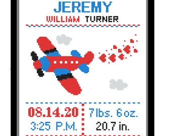 1 Cross Stitch custom Pattern Baby Boy Personalised Birth Announcement Birth Record Airplane Red Blue Green Yellow Transport Nursery Gift