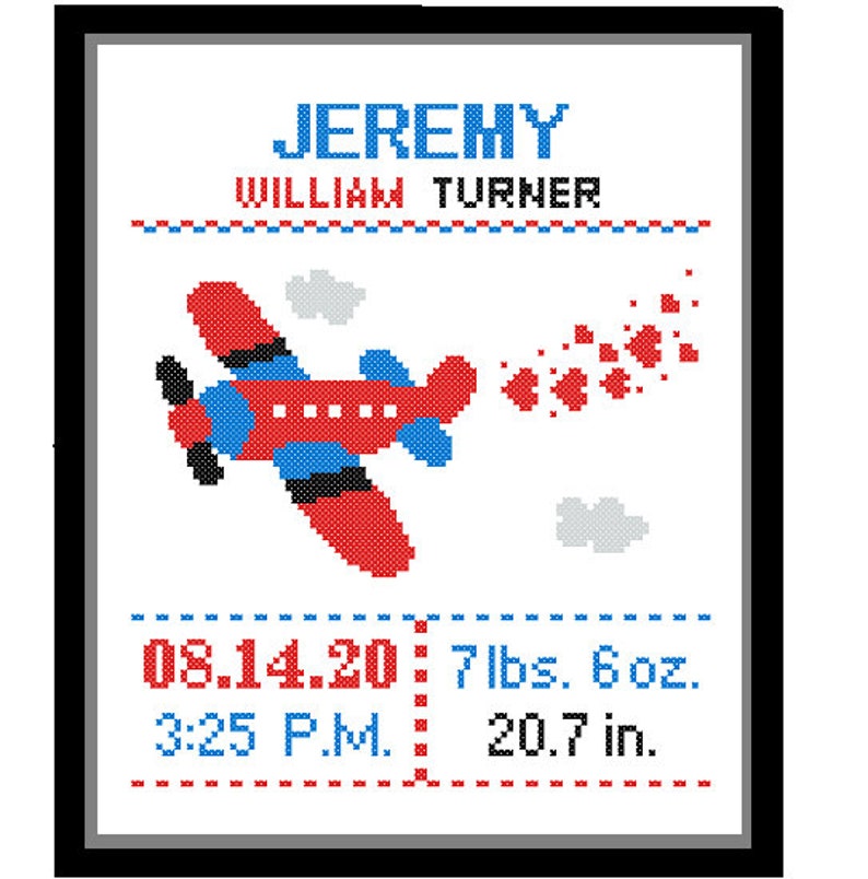 1 Cross Stitch custom Pattern Baby Boy Personalised Birth Announcement Birth Record Airplane Red Blue Green Yellow Transport Nursery Gift image 1