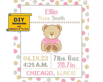 Teddy Bear Cross Stitch Birth Announcement Cross Stitch Birth Record Polka Dot Baby Boy Girl Nursery Pink Instant Download DIY Pattern