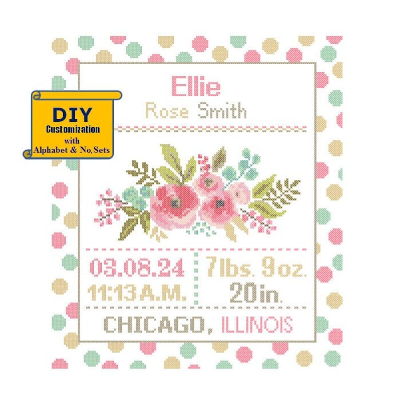 Florals Cross Stitch Birth Announcement cross Stitch Birth Record Floral Baby Girl Floral Nursery Pink teal birth sampler flowers image 1