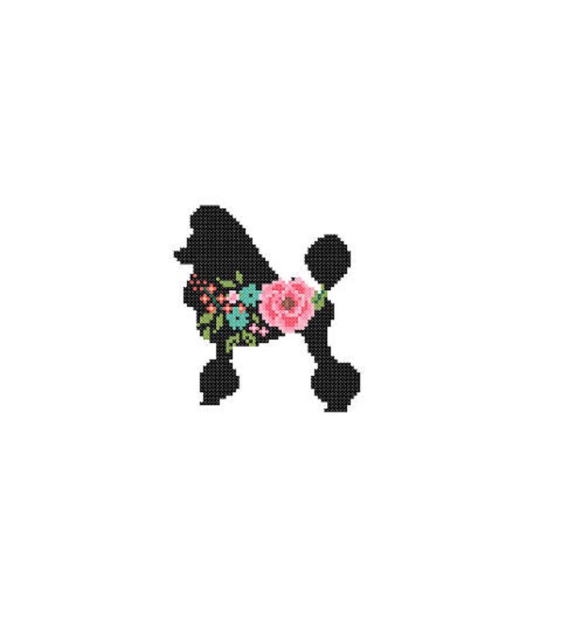 Poodle Silhouette Cross Stitch Pattern Floral Roses Pet animal wall art Dog cross stitch modern trendy great gift image 2