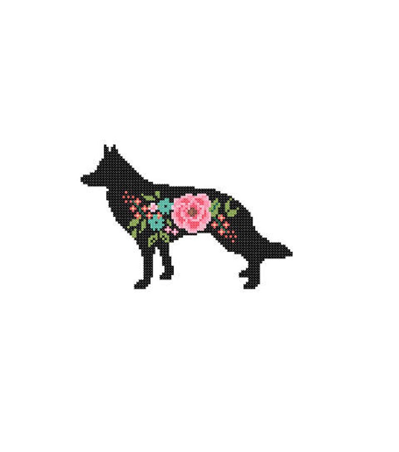 German Shepherd Silhouette Cross Stitch Pattern Floral roses Pet animal wall art German Shepherd cross stitch modern gift image 2