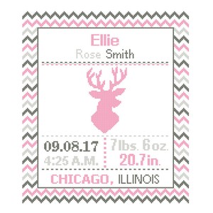 Deer Cross Stitch custom Pattern Baby Boy Girl Personalised Antler Birth Announcement Birth Record Forest Deer woodland Nursery image 7