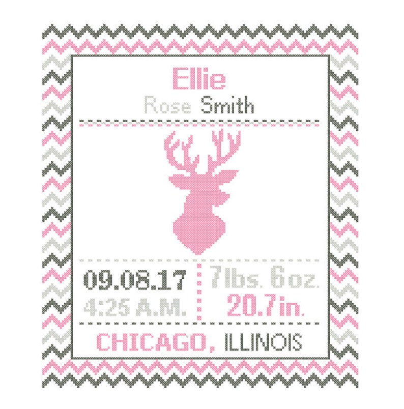 Deer Cross Stitch custom Pattern Baby Boy Girl Personalised Antler Birth Announcement Birth Record Forest Deer woodland Nursery image 7