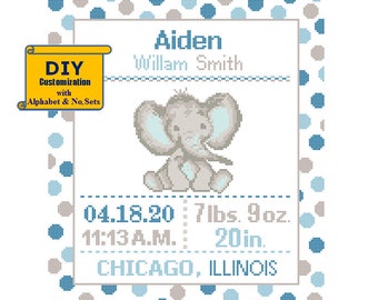 Baby Elephant Cross Stitch Birth Announcement cross Stitch Birth Record Elephant Baby Boy Girl Elephant Nursery Blue birth sampler jungle