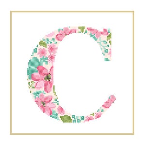 Floral Monogram C Cross Stitch Pattern C Initial C Letter cross stitch Baby birth nursery split letter cross Wedding Anniversary Wedding image 3