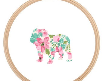 English Bulldog Silhouette Cross Stitch Pattern Floral Water color effect Pet animal wall art English Bulldog cross stitch modern trendy