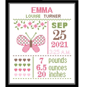 1 Cross Stitch custom Pattern Baby Girl Personalised Birth Announcement Birth Record Butterfly Pink Green Brown Nature Woodland Nursery Gift