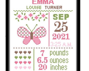 1 Cross Stitch custom Pattern Baby Girl Personalised Birth Announcement Birth Record Butterfly Pink Green Brown Nature Woodland Nursery Gift