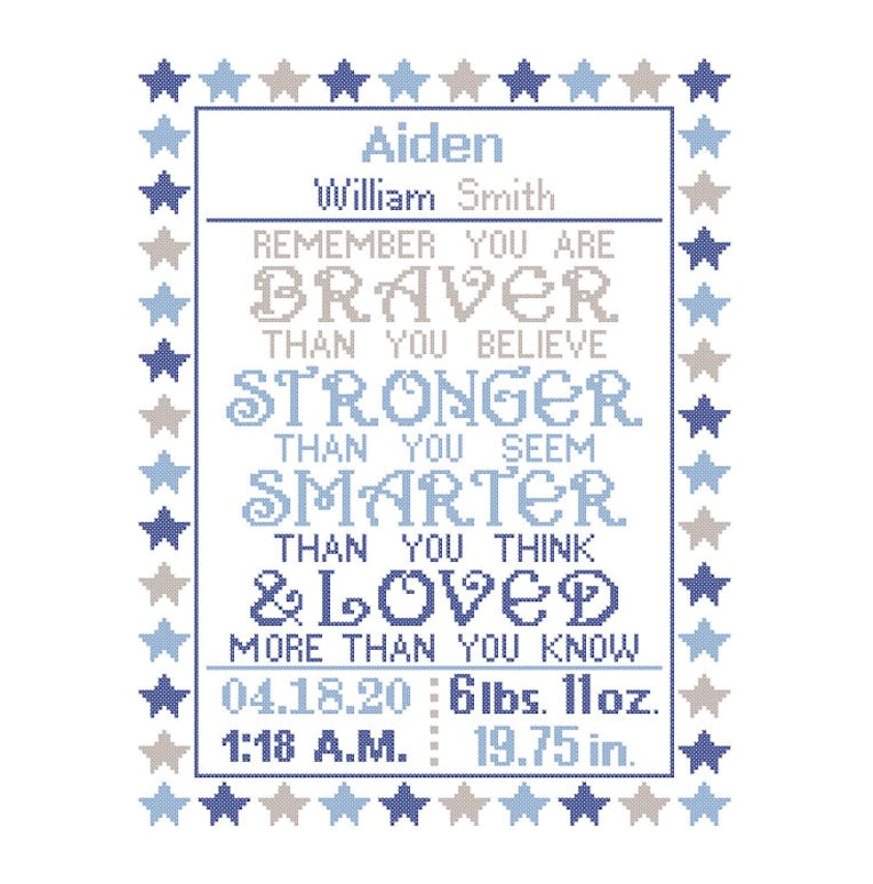 Custom Pattern Cross Stitch Remember You are Braver Birth Announcement Cross Stitch Birth Record Cross Stitch Baby Boy Girl Birth Sampler image 1