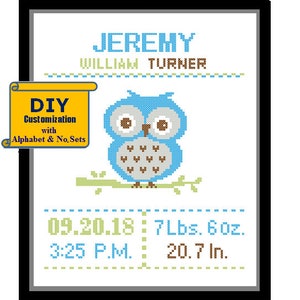 Baby Owl Cross Stitch Birth Announcement Cross Stitch Birth Record Cross Stitch Baby Girl Boy Owl Pink Blue nursery woodland birth sampler image 5