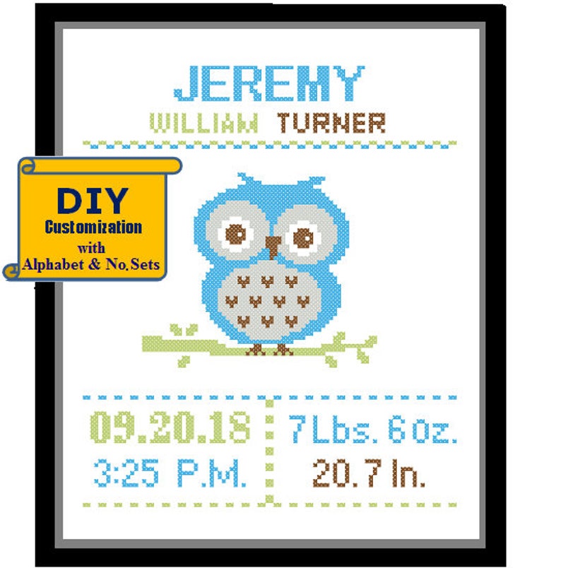 Baby Owl Cross Stitch Birth Announcement Cross Stitch Birth Record Cross Stitch Baby Girl Boy Owl Pink Blue nursery woodland birth sampler image 5