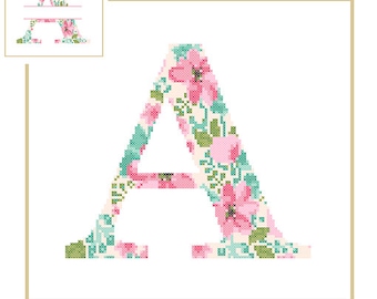 Floral Monogram A Cross Stitch Pattern A Initial A Letter cross stitch Baby birth nursery split letter cross Wedding Anniversary Wedding