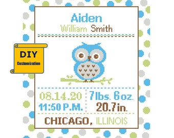 Baby Owl Cross Stitch Birth Announcement Cross Stitch Birth Record Polka Dot Baby Boy Girl Baby Owl Nursery blue birth sampler woodland