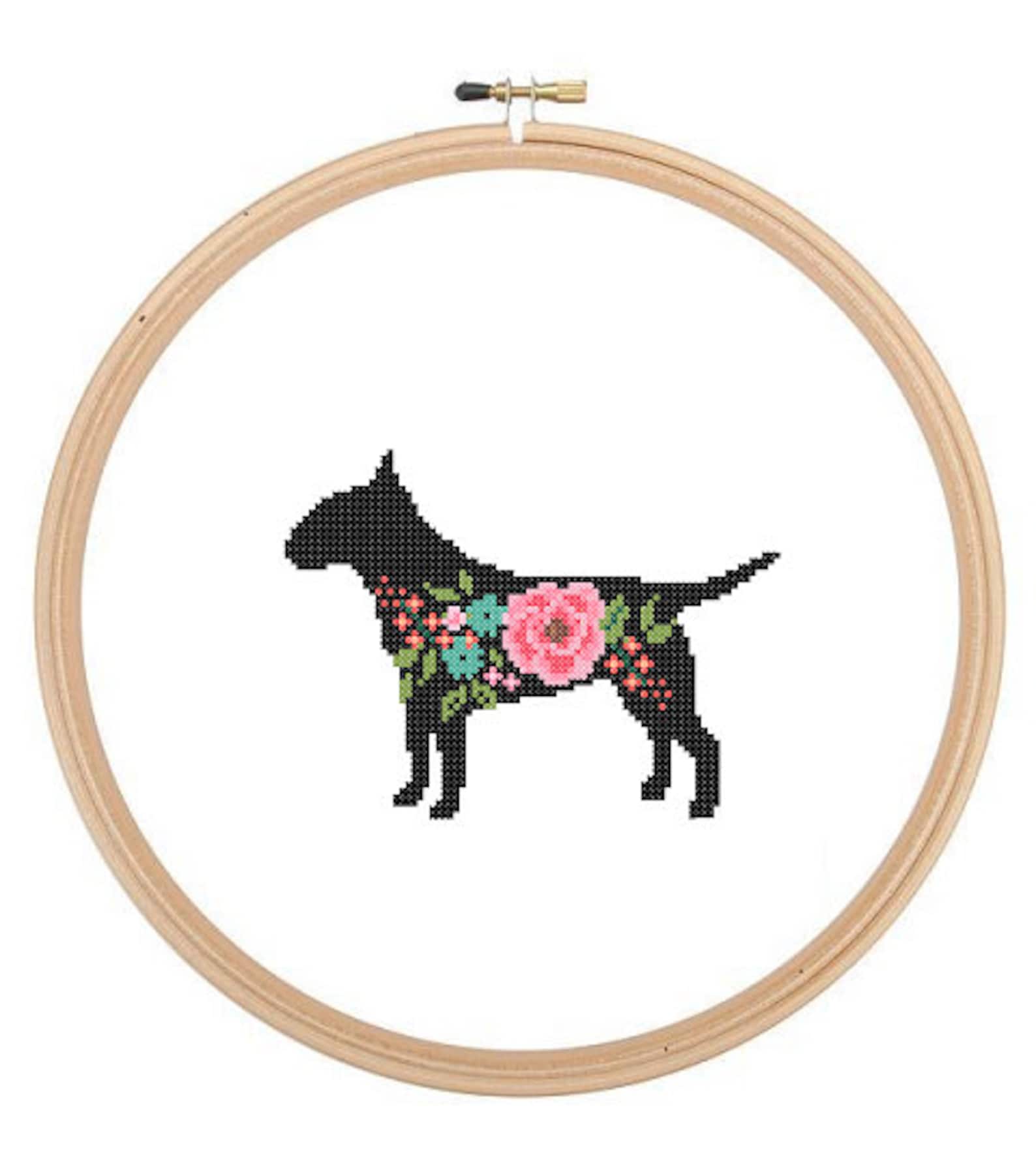 English Bull Terrier Silhouette Cross Stitch Pattern Floral Roses Pet ...