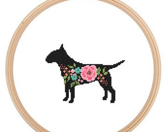 English Bull Terrier Silhouette Cross Stitch Pattern floral roses Pet animal wall art English Bull Terrier Dog cross stitch modern gift