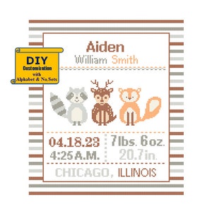 Woodland birth Cross Stitch Deer Fox Racoon Forest Friends DIY customizable Pattern Birth Announcement Birth Record stripes Birth sampler