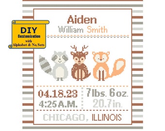 Woodland birth Cross Stitch Deer Fox Racoon Forest Friends DIY customizable Pattern Birth Announcement Birth Record stripes Birth sampler