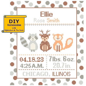 Woodland Cross Stitch Deer Fox Racoon Forest Friends DIY customizable Pattern Birth Announcement Birth Record Polka Dot Baby Birth sampler image 1