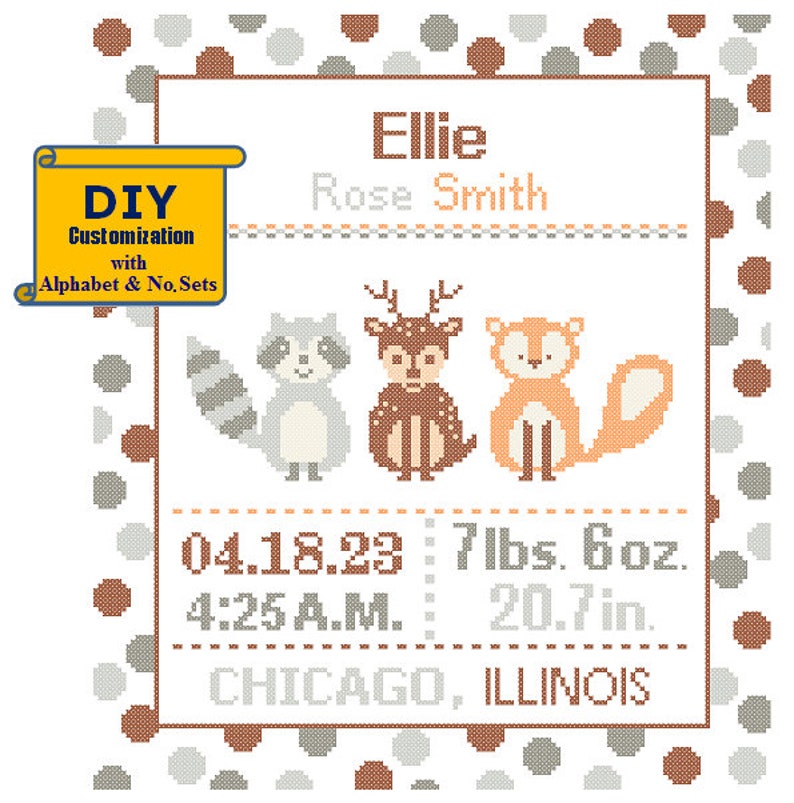 Woodland Cross Stitch Deer Fox Racoon Forest Friends DIY customizable Pattern Birth Announcement Birth Record Polka Dot Baby Birth sampler image 1