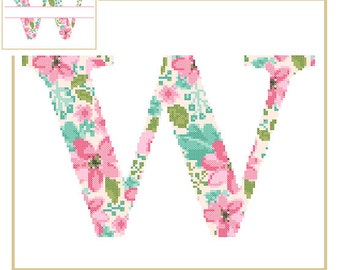 Floral Monogram W Cross Stitch Pattern W Initial W Letter cross stitch Baby birth nursery split letter cross Wedding Anniversary