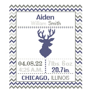 Deer Cross Stitch custom Pattern Baby Boy Girl Personalised Antler Birth Announcement Birth Record Forest Deer woodland Nursery