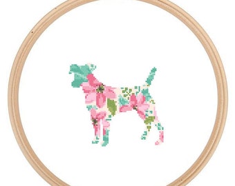 Jack Russell silueta punto de cruz patrón floral efecto color agua mascota animal arte de la pared perro inglés punto de cruz moderno gran regalo de moda