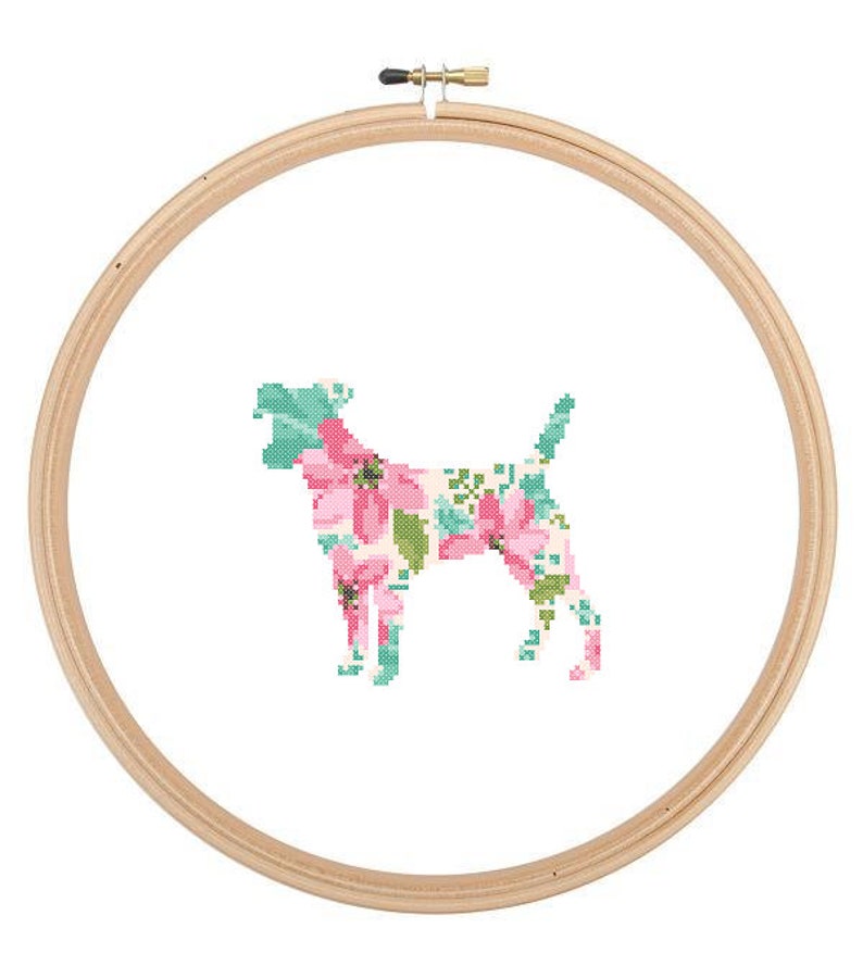 Jack Russell Silhouette Cross Stitch Pattern Floral Water color effect Pet animal wall art English Dog cross stitch modern trendy great gift image 1