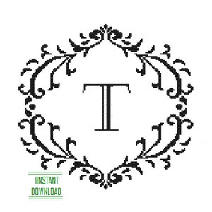Könnte beinhalten: Schwarzweißes Kreuzstichmuster eines dekorativen Monogramms mit dem Buchstaben T in der Mitte.