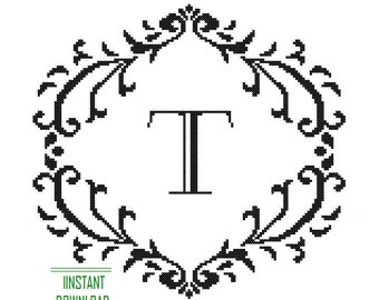 Instant Download Cross Stitch Pattern black Monogram Initial Alphabet T letter T Gift Home Decor House Warming Wedding Anniversary
