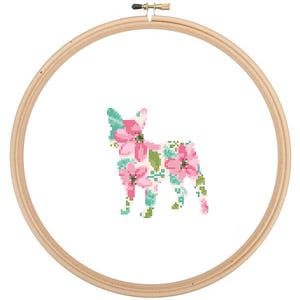 Frenchie Bulldog Silhouette Cross Stitch Pattern Floral Water color effect Pet animal wall art French Bull Dog cross stitch modern gift image 1