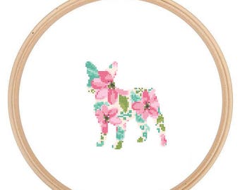 Frenchie Bulldog Silhouette Cross Stitch Pattern Floral Water color effect Pet animal wall art French Bull Dog cross stitch modern gift