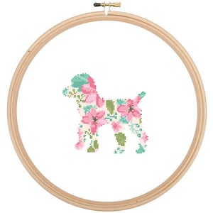 Black Poodle Silhouette Cross Stitch Pattern Floral water color effect Pet animal wall art Dog cross stitch modern trendy great gift