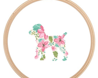 Black Poodle Silhouette Cross Stitch Pattern Floral water color effect Pet animal wall art Dog cross stitch modern trendy great gift