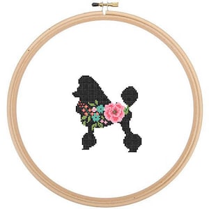 Poodle Silhouette Cross Stitch Pattern Floral Roses Pet animal wall art Dog cross stitch modern trendy great gift image 1