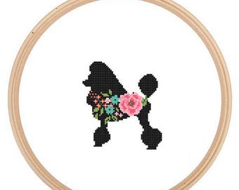 Poodle Silhouette Cross Stitch Pattern Floral Roses Pet animal wall art Dog cross stitch modern trendy great gift