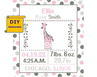 best Giraffe Birth sampler Cross Stitch Birth Announcement Cross Stitch Birth Record Polka Dot Baby Boy Girl Giraffe DIY Pattern