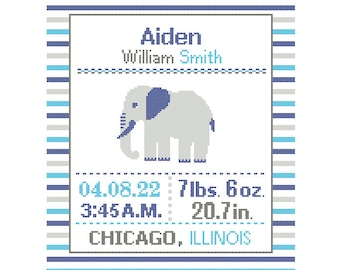 1 Cross Stitch Best custom Pattern Baby Boy/Girl Personalised Birth Announcement Birth Record Elephant Navy Blue Gray Nursery Stripes