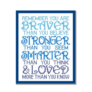 Modern Cross Stitch Pattern &quot;Remember you are Braver than you believe&quot; Inspirational quote typography Nursery Boy wall art gift