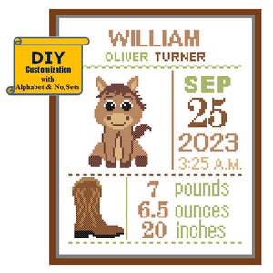 Horse Birth Record Cross Stitch Birth Sampler Cross Stitch Baby DIY Pattern Cross Stitch cowboy Birth Announcement Horse Farmland