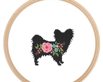 Papillon Dog Silhouette Cross Stitch Pattern Floral Pet animal wall art Dog cross stitch modern trendy great gift