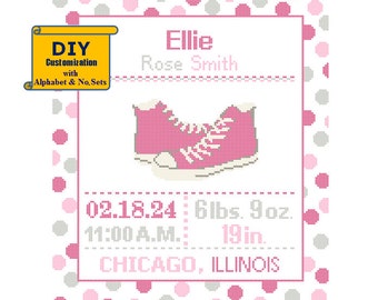 Pink Converse Cross Stitch Birth Announcement Cross Stitch Birth Record Polka Dot Baby Girl Nursery purple teen birth sampler sport athlete