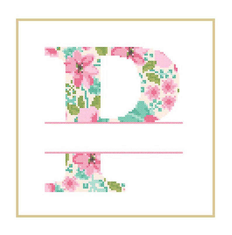 Floral Monogram P Cross Stitch Pattern P Initial P Letter cross stitch Baby birth nursery split letter cross Wedding Anniversary Wedding image 3