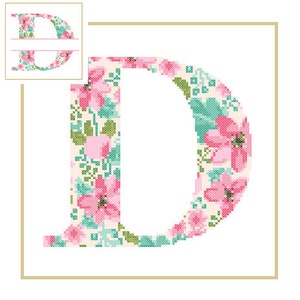 Florales Monogramm D Kreuzstichmuster D Initiale D Buchstabe Kreuzstich Baby Geburt Kinderzimmer geteilter Buchstabe Kreuz Hochzeit Jahrestag Hochzeit