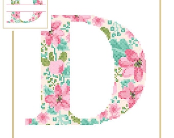 Floral Monogram D Cross Stitch Pattern D Initial D Letter cross stitch Baby birth nursery split letter cross Wedding Anniversary Wedding