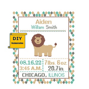 Lion Cross Stitch Birth Announcement Jungle Cross Stitch Lion Birth Sampler Baby Baby Nursery Instant Download DIY customizable Pattern image 5