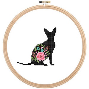 Zittend Sphynx silhouet Cross Stitch patroon bloemenrozen huisdier dierlijke kunst Sphynx kat kruissteek boerderij Sphynx kruissteek kat haarloze kat